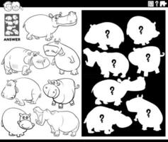 matching shapes game with hippos coloring book page vector