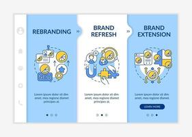 Brand identity change onboarding vector template. Responsive mobile website with icons. Web page walkthrough 3 step screens. Rebranding, extension color concept with linear illustrations