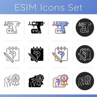 Tattoo and piercing creation icons set. Salon for creating unique body look. Special instruments for professionals. Linear, black and RGB color styles. Isolated vector illustrations