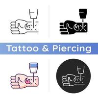 Tattoo laser removal icon. Special human body operations. Removing injected ink from skin. Dangerous medical equipment. Linear black and RGB color styles. Isolated vector illustrations