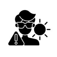 Overexposure to sun black glyph icon. Person in sunglasses on beach risking sunstroke. Man in danger of sunburn during summer. Silhouette symbol on white space. Vector isolated illustration