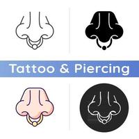 Nose piercing icon. Professional procedure to inject jewellery into nostrils. Beautiful accessories from valuable materials. Linear black and RGB color styles. Isolated vector illustrations