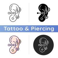 Ear piercing icon. Jewellery injected into human ears. Accessories made from valuable materials. Body modifications. Linear black and RGB color styles. Isolated vector illustrations