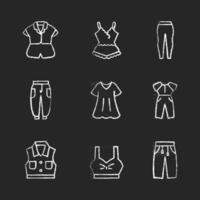 Comfortable homewear chalk white icons set on dark background. Silk nightwear. Leggings and joggers. Denim jacket. Oversized dress. Sleepwear. Isolated vector chalkboard illustrations on black