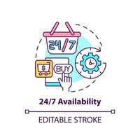 24 7 availability concept icon. Online marketplace benefit abstract idea thin line illustration. Handling customer service on 24 hour basis. Vector isolated outline color drawing. Editable stroke