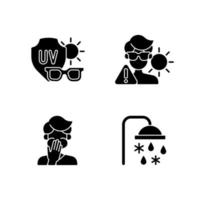 UV rays exposure risk black glyph icons set on white space. Sunglasses to protect eyes from sunlight. Heatstroke danger. Cooling shower. Silhouette symbols. Vector isolated illustration