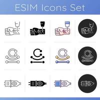 Tattoo and piercing masters icons set. Place to put valuable jewellery into skin. Removing ink from body. Professional tool. Linear, black and RGB color styles. Isolated vector illustrations