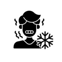 Chills black glyph icon. Man shiver from cold. Person in cool weather. Human freezing in low temperature. Symptom of heatstroke. Silhouette symbol on white space. Vector isolated illustration