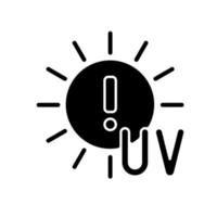 Danger of UV rays black glyph icon. Ultraviolet exposure risk during summer. Caution to prevent heat exhaustion. Sun overexposure. Silhouette symbol on white space. Vector isolated illustration
