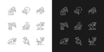 Iconos lineales de uso de cámara de vigilancia configurados para modo oscuro y claro. observación de elecciones. detección de movimiento. símbolos de línea fina personalizables. ilustraciones de contorno de vector aislado. trazo editable