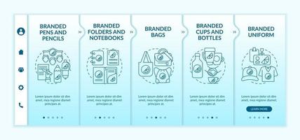 Corporate identity items onboarding vector template. Responsive mobile website with icons. Web page walkthrough 5 step screens. Branded notebooks, pens color concept with linear illustrations