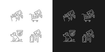 CCTV camera installation linear icons set for dark and light mode. Motion detection. Tracking customers. Customizable thin line symbols. Isolated vector outline illustrations. Editable stroke