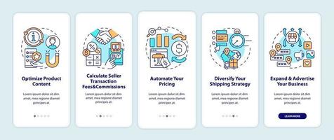 Online marketplace success tips onboarding mobile app page screen. Optimize content walkthrough 5 steps graphic instructions with concepts. UI, UX, GUI vector template with linear color illustrations