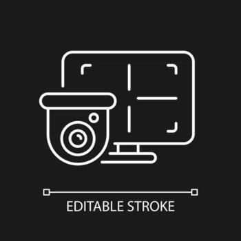 CCTV monitor white linear icon for dark theme. Device for surveillance video in real-time display. Thin line customizable illustration. Isolated vector contour symbol for night mode. Editable stroke