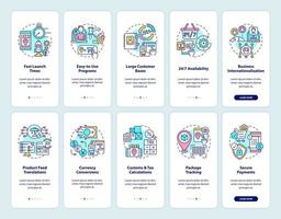 Online marketplace onboarding mobile app page screens set. E-commerce services walkthrough 5 steps graphic instructions with concepts. UI, UX, GUI vector template with linear color illustrations