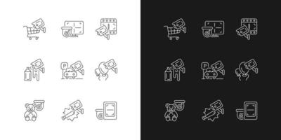 asegurar iconos lineales de hogar y negocios configurados para modo oscuro y claro. Evite los daños por graffiti. monitor de circuito cerrado de televisión. símbolos de línea fina personalizables. ilustraciones de contorno de vector aislado. trazo editable