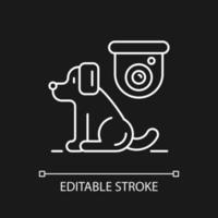 Pet control camera white linear icon for dark theme. Monitoring cats, dogs safety. Animals in house. Thin line customizable illustration. Isolated vector contour symbol for night mode. Editable stroke