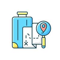 DIY travel RGB color icon. Plan trip destination for vacation journey. Traveller suitcase and map with gps pointer. Isolated vector illustration. Tourism industry category simple filled line drawing