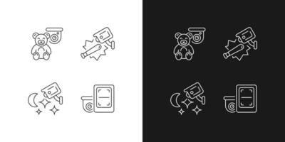 Security monitoring solution linear icons set for dark and light mode. Children protection. Public safety. Customizable thin line symbols. Isolated vector outline illustrations. Editable stroke