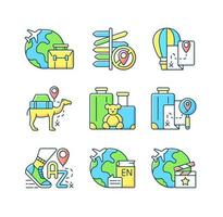 Travel type RGB color icons set. Family trip. Business meeting abroad on plane flight. Isolated vector illustrations. Tourism industry category simple filled line drawings collection