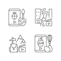 Internet video linear icons set. Drawing tutorial. Parkour footage. Travel vlog. Online cooking class. Customizable thin line contour symbols. Isolated vector outline illustrations. Editable stroke