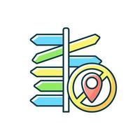No destination travel RGB color icon. Signpost with different directions. Restriction in location. Isolated vector illustration. Tourism industry limitation simple filled line drawing