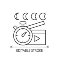 Time lapse videos linear icon. Shooting footage over night. Clock for filmmaking. Thin line customizable illustration. Contour symbol. Vector isolated outline drawing. Editable stroke