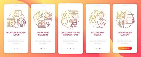 Shareable content creation tips onboarding mobile app page screen. Viral headlines walkthrough 5 steps graphic instructions with concepts. UI, UX, GUI vector template with linear color illustrations