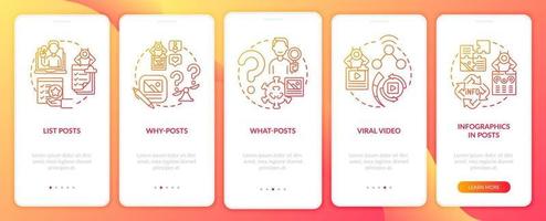 Top shareable posts types onboarding mobile app page screen. Listcles, why-posts walkthrough 5 steps graphic instructions with concepts. UI, UX, GUI vector template with linear color illustrations