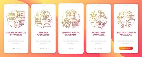 Shareable content methods onboarding mobile app page screen. Social experiment walkthrough 5 steps graphic instructions with concepts. UI, UX, GUI vector template with linear color illustrations