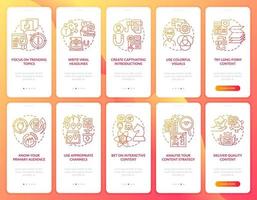 Make content buzzworthy onboarding mobile app page screens set. Viral marketing walkthrough 5 steps graphic instructions with concepts. UI, UX, GUI vector template with linear color illustrations