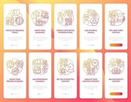 Make content buzzworthy onboarding mobile app page screens set. Viral marketing walkthrough 5 steps graphic instructions with concepts. UI, UX, GUI vector template with linear color illustrations