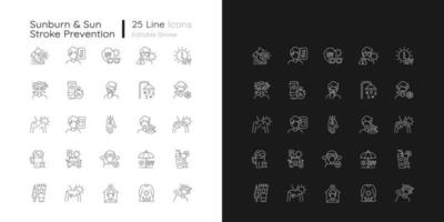 Sunburn and sunstroke prevention linear icons set for dark and light mode. Heatstroke symptoms. Hot weather. Customizable thin line symbols. Isolated vector outline illustrations. Editable stroke