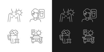 Sunstroke precaution linear icons set for dark and light mode. Sunburn on person skin. Avoid alcohol. Customizable thin line symbols. Isolated vector outline illustrations. Editable stroke