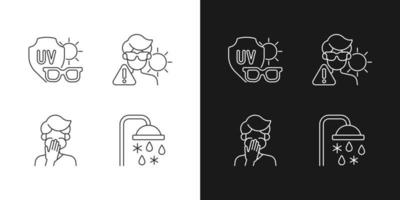 Iconos lineales de riesgo de exposición a rayos uv establecidos para el modo oscuro y claro. gafas de sol para proteger los ojos de la luz solar. símbolos de línea fina personalizables. ilustraciones de contorno de vector aislado. trazo editable