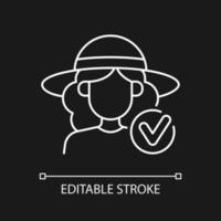 Wearing wide brimmed hat white linear icon for dark theme. Woman in outfit for beach. Thin line customizable illustration. Isolated vector contour symbol for night mode. Editable stroke