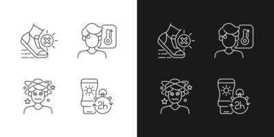 Heatstroke prevention linear icons set for dark and light mode. Avoid exercising during summer heatwave. Customizable thin line symbols. Isolated vector outline illustrations. Editable stroke