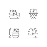 Daily student routine linear icons set. Breakfast pancakes. Basketball club. Pet care. Customizable thin line contour symbols. Isolated vector outline illustrations. Editable stroke