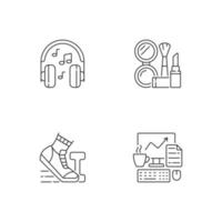 Conjunto de iconos lineales de rutina de trabajador de oficina diario. escuchando música en auriculares. horario diario. símbolos de contorno de línea fina personalizables. ilustraciones de contorno de vector aislado. trazo editable