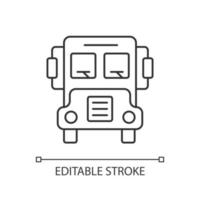 School bus linear icon. Transportation for students. Automobile to drive pupils. Transit for kids. Thin line customizable illustration. Contour symbol. Vector isolated outline drawing. Editable stroke