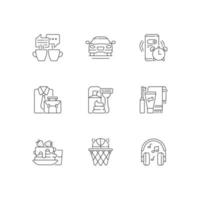 Daily routine linear icons set. Alarm clock for work. Everyday morning and evening schedule. Customizable thin line contour symbols. Isolated vector outline illustrations. Editable stroke