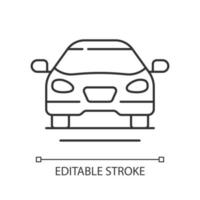 Sedan car linear icon. Fast personal transport. Hybrid auto for family trips. Front of auto. Thin line customizable illustration. Contour symbol. Vector isolated outline drawing. Editable stroke