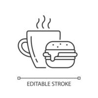 Lunch linear icon. Burger and drink in cup. Coffee mug with sandwich for dinner. Thin line customizable illustration. Contour symbol. Vector isolated outline drawing. Editable stroke