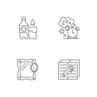 Daily schedule and routine linear icons set. Watter bottle. Sleep time. Everyday routine. Customizable thin line contour symbols. Isolated vector outline illustrations. Editable stroke