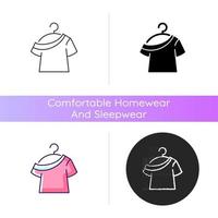 One shoulder t shirt icon. Trendy comfy outfit for women. Female garment for lounging. Comfortable homewear and sleepwear. Linear black and RGB color styles. Isolated vector illustrations