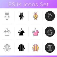 Loungewear icons set. Comfortable kigurumi. One shoulder shirt. Long cardigan. Comfy nightwear and sleepwear. Trendy clothing. Linear, black and RGB color styles. Isolated vector illustrations