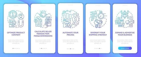 Online retailing success onboarding mobile app page screen. Delivery diversification walkthrough 5 steps graphic instructions with concepts. UI, UX, GUI vector template with linear color illustrations