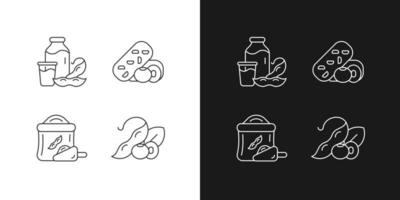 Iconos lineales de comidas de soja para modo oscuro y claro. harina a base de soja orgánica. bocadillos vegetales. símbolos de línea fina personalizables. ilustraciones de contorno de vector aislado. trazo editable