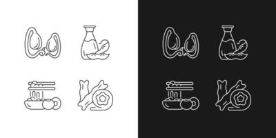 Soy meals linear icons set for dark and light mode. Soybeans sprouts growing. Tofu cheese skin. Organic foods. Customizable thin line symbols. Isolated vector outline illustrations. Editable stroke