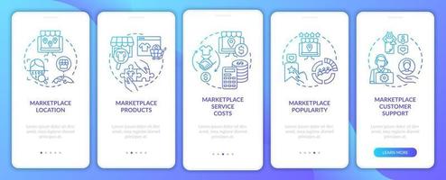 Retail place choice process onboarding mobile app page screen. Customer support walkthrough 5 steps graphic instructions with concepts. UI, UX, GUI vector template with linear color illustrations